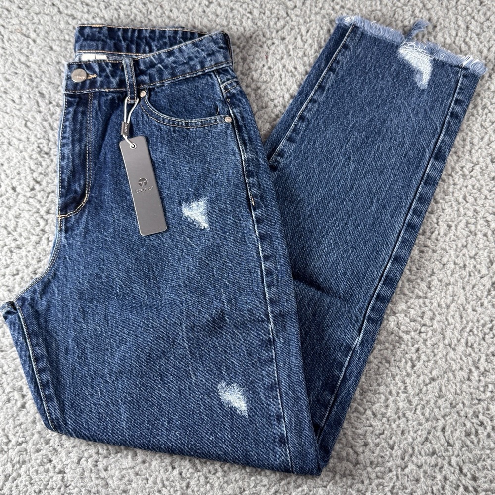 Tractr‎ High Rise Weekender Raw Hem Distressed Dark Blue Jeans Sz 00/24 NWT